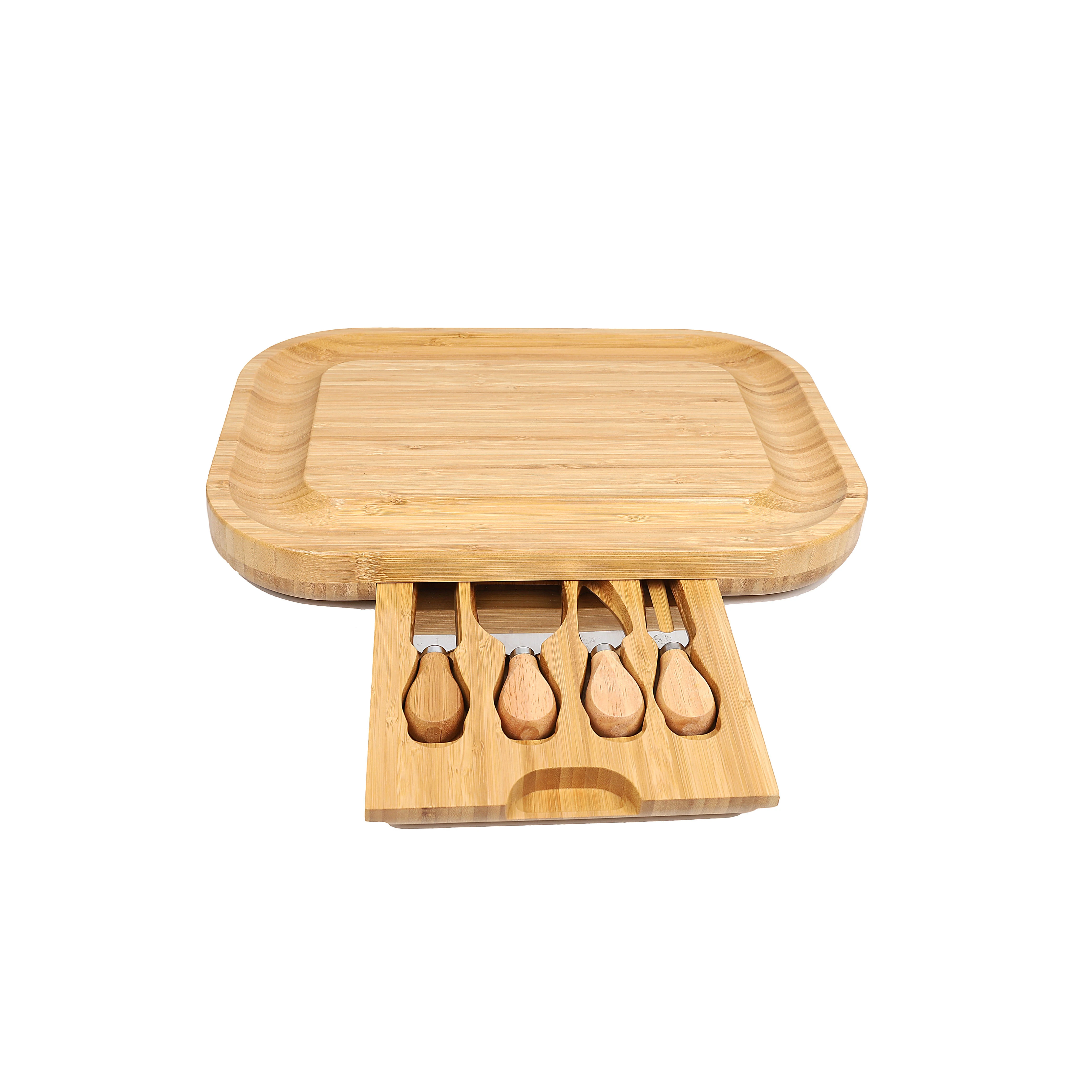 Bamboo Cheese Cutting Board Wooden Serving Tray Charcuterie Platter with Slide Out Drawer and 4 Cheese Knives