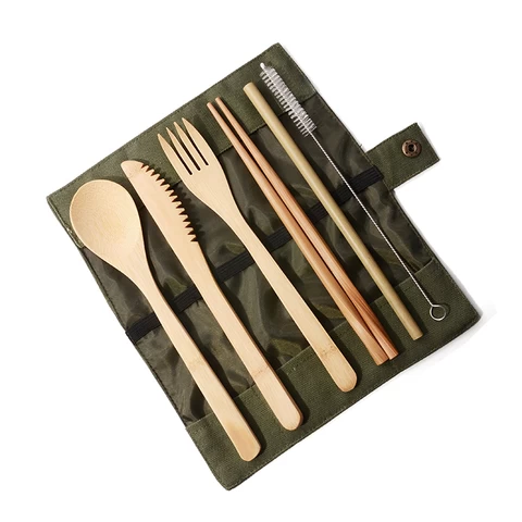 Bamboo Travel Utensils Reusable Bamboo Cutlery Flatware Set Include Fork Spoon Knife Straw Clean Brush with Carrying Bag