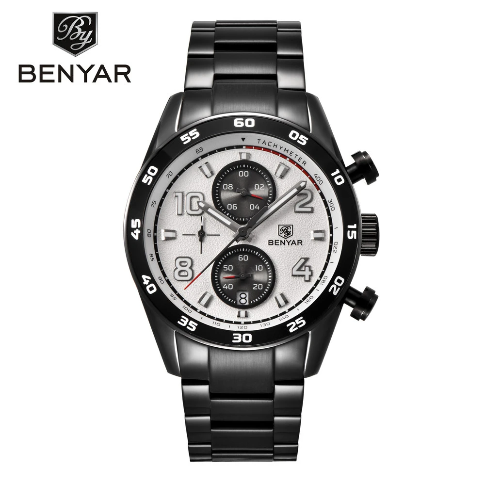 BENYAR BY-5126M Mens Fashion Casual Watches Quartz Movement Auto Date Stainless Steel Band Watches