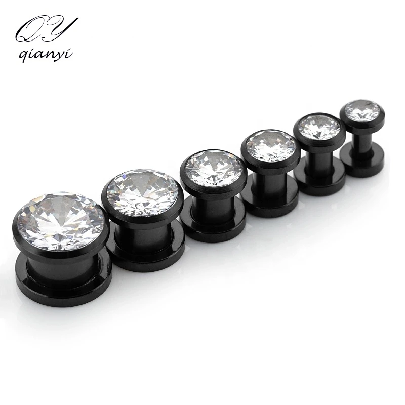 Black 316 L Surgical Stainless Steel Shining Crystal Screw Ear Piercing Jewelry Tunnels