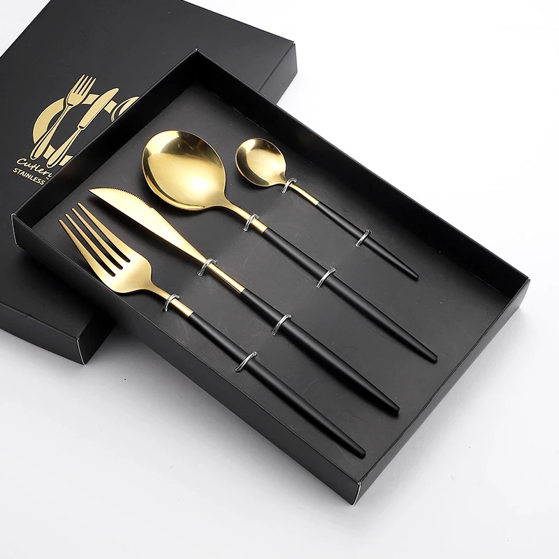 Black Sliver gold color Mirror Portugal series Stainless steel Dinner knife spoon and fork cutlery 4pcs set