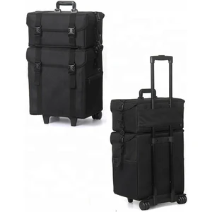 Black square stitching Rolling Makeup Artist Train Case 2 in 1 Trolley Travel Cosmetic Beauty bag