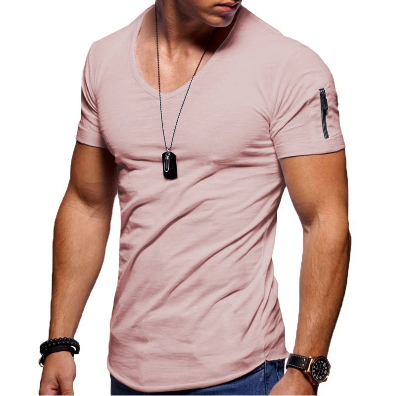 Cheap Mens T-shirts Fitness Gym Mens Sports T Shirt Male Solid Color Short Sleeve Shirts  Plus Size V Neck Shirt Mens Clothes