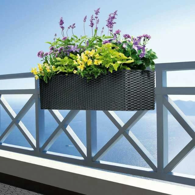 China cheap resin rattan rectangular window box self watering lazy planter plant flower container wall hanging plastic pots