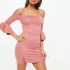 Clothing Manufacturer Women Sexy Off The Shoulder Flare Sleeve Pink Suede Mini Cocktail Party Dress