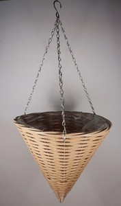 Custom Dia 14&quot; Hanging Planter Cone Shape Decor Garden Rattan Plastic Flower Pot Basket for Plant Brown