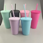 Custom Reusable 16oz 24oz Double Wall Colored Acrylic Matte Black Plastic Bulk Cold Drinks Tumbler Cups with lid and straw