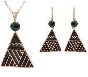 Custom wholesale black gold plated Tahiti pearl Hawaiian/Polynesian triangle earrings necklace jewelry set for girl or women