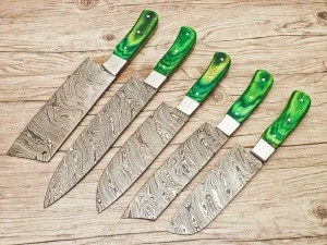 Damascus Kitchen Knife Set with Leather Roll Bag