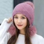 DDA2159 Metallic Label Warm Plush Wool Caps Thicken Fur Ball Pom Pom Earflap Beanies Winter Fleece Lined Rabbit Fur Knitted Hats
