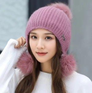 DDA2159 Metallic Label Warm Plush Wool Caps Thicken Fur Ball Pom Pom Earflap Beanies Winter Fleece Lined Rabbit Fur Knitted Hats