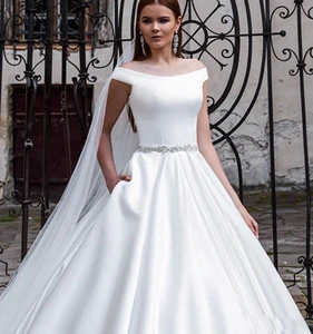 Elegant Satin Off Shoulder A Line Bridal Wedding Dress With Beading Belt
