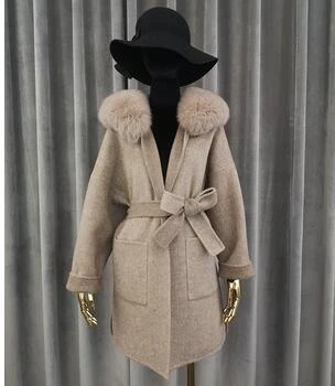 European style double-faced women Long winter cashmere outwear female hooded large fox  fur collar wool coat with pocket