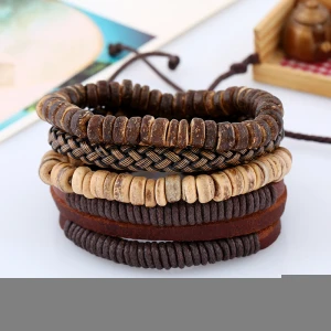 Exquisite Charming Coconut Shell Bracelet Adjustable DIY Wood Bead Hand Rope Woven Leather Bracelets