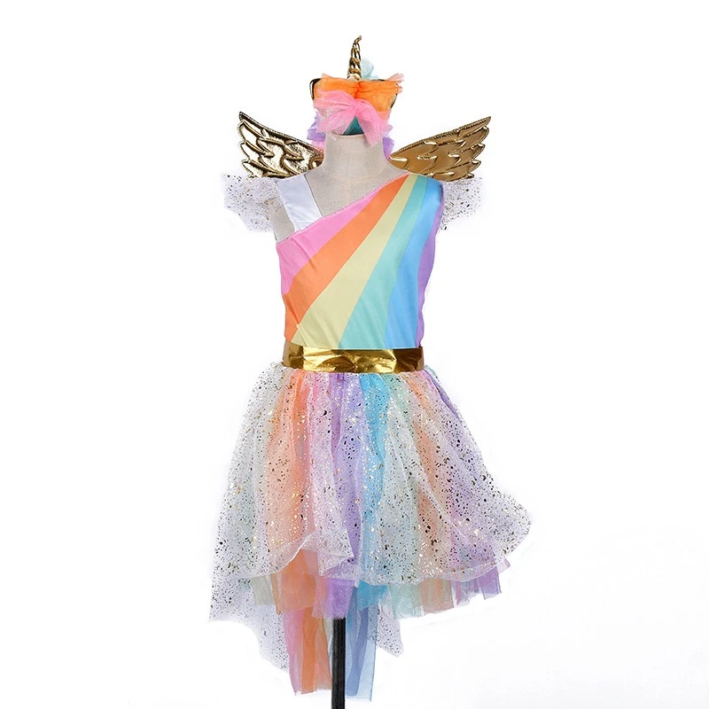 Fancy Holiday Party Birthday Princess Girls Dress Role Play Unicorn Kids Wear Dresses With Wing & Headband