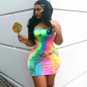 Fashion Party Style Bodycon Rainbow Colored Pencil Dress Women Summer Sexy 2021