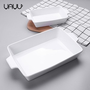 Hot quality cheap price rectangle shape white glazed ceramic bakeware with double handle