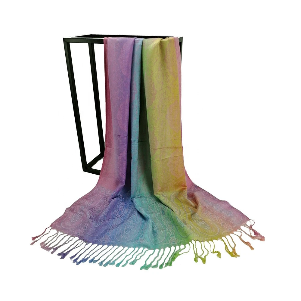 Hot sale custom  rainbow jacquard knit embroidery scarf shawl pashmina in stock