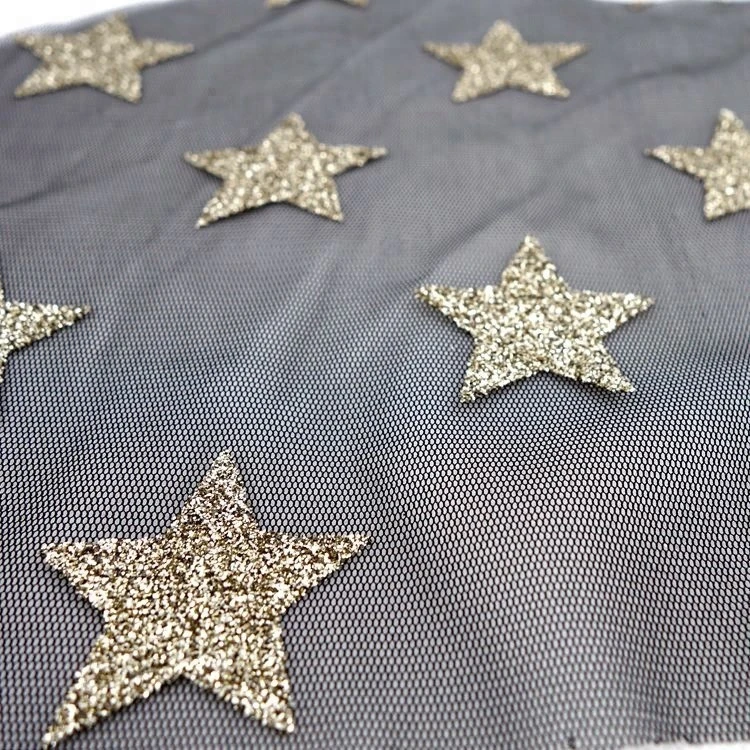 Hot sales polyester tulle fabric glitter flocked star mesh fabric
