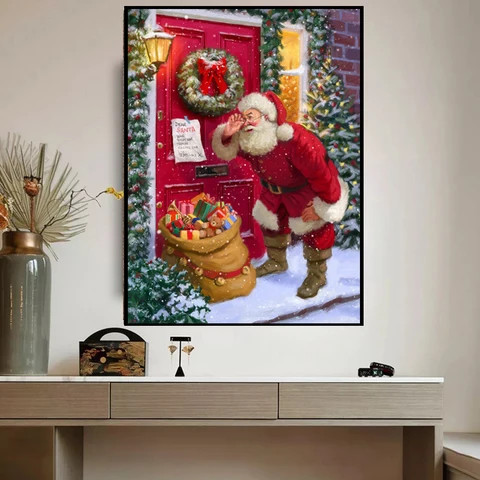 Hot selling Santa Claus home red house home decoration wall art background hanging painting metal frame painting for Christmas