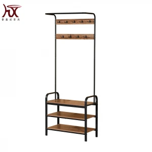 Industrial style furniture metal frame coat rack with wooden shoe bench hall tree