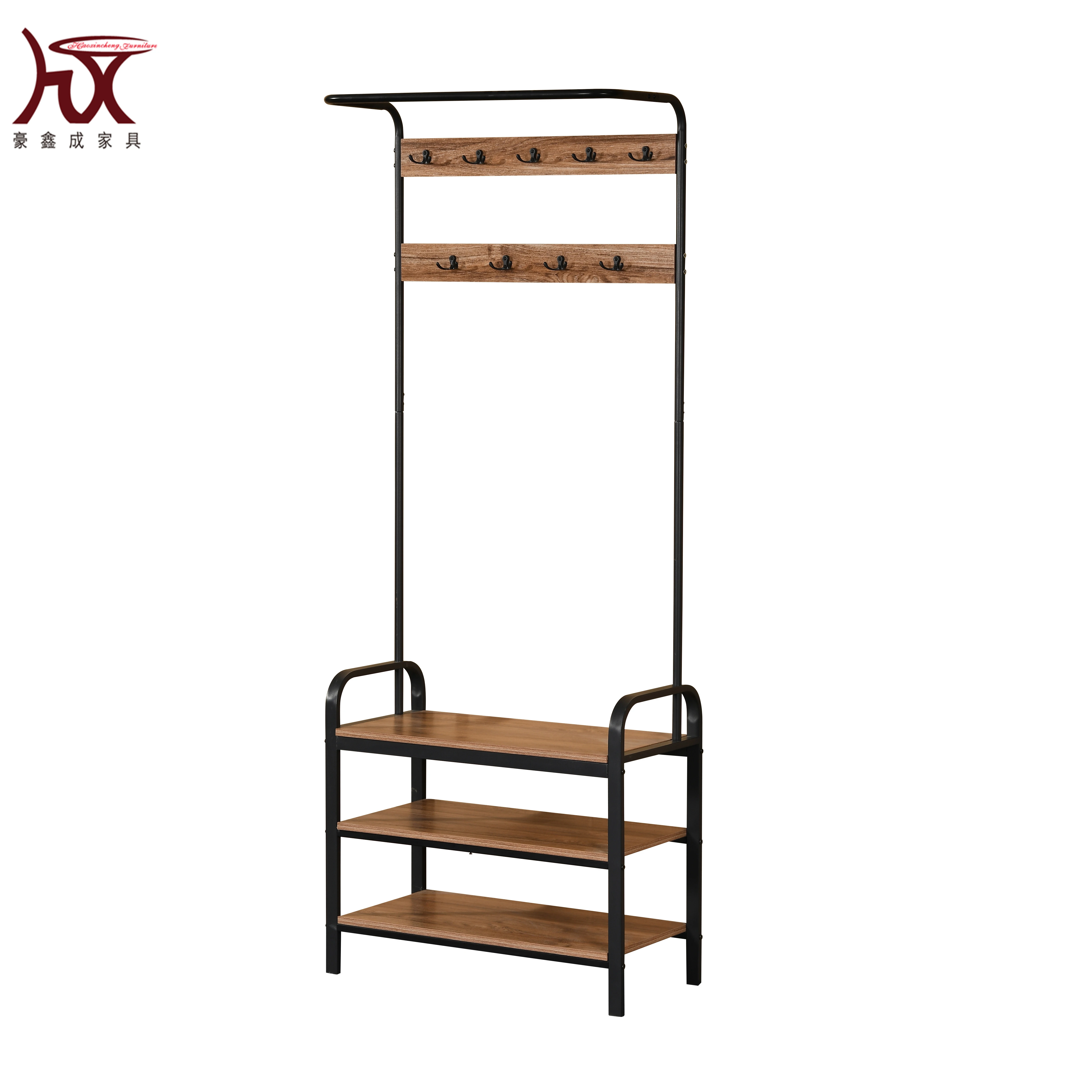 Industrial style furniture metal frame coat rack with wooden shoe bench hall tree