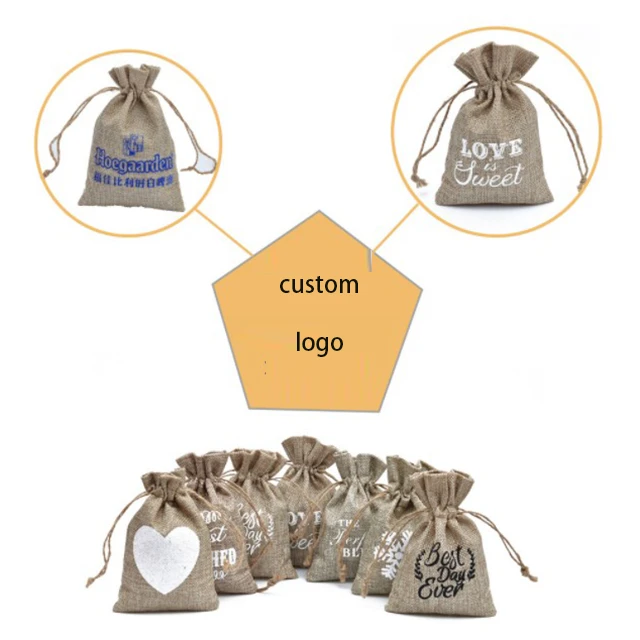 Interest Linen Gift Bags Eco-friendly Custom Logo printed linen pouch jute Burlap Drawstring Gift Bag With Handle for Birthday
