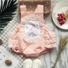 Kids clothing Easter day pink bunny appliqued baby romper lace ruffled bubble romper
