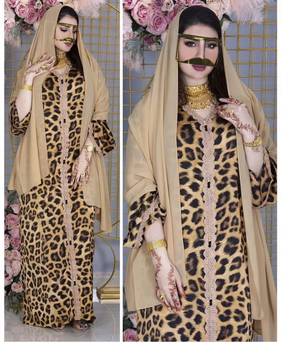 Lace Trim Sleeve Leopard Print Floor Length Women Islamic Clothing Muslim Wear Ladies Abaya Dubai Dress