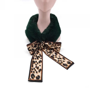 Leopard print fur collar scarf ladies and girls faux rabbit fur scarf fashion bow ribbon fall/winter fur scarf