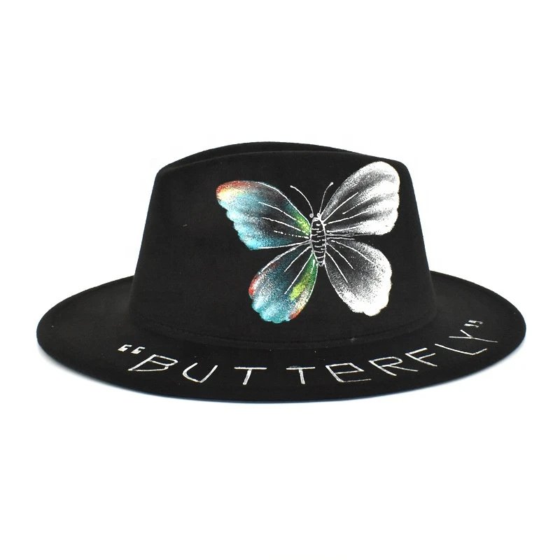 Low MOQ Customized Doodle Painting Women Cat Butter Fly Hand Painting Felt Fedora Hats Hand Drawning
