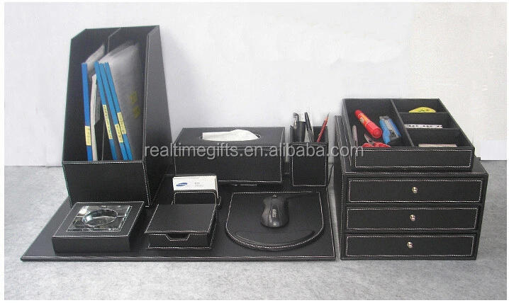 Luxury Black Business Office Table Organizer 6 8 10 Pieces PU Leather Desk Accessories Set
