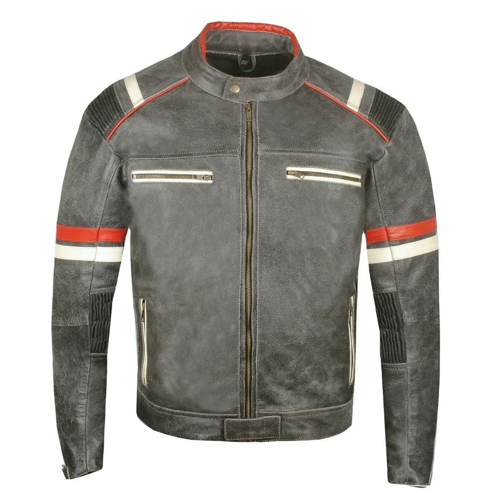 Men&#x27;s Distressed Grey Motorcycle Leather Jacket