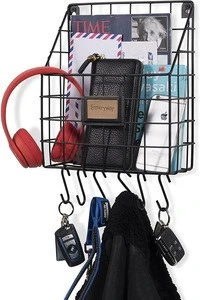 Multipurpose Mail Organizer Wire Basket Wall Mounted with S Hooks Magazine Holder Coat Rack Foyer Storage with Key Hooks