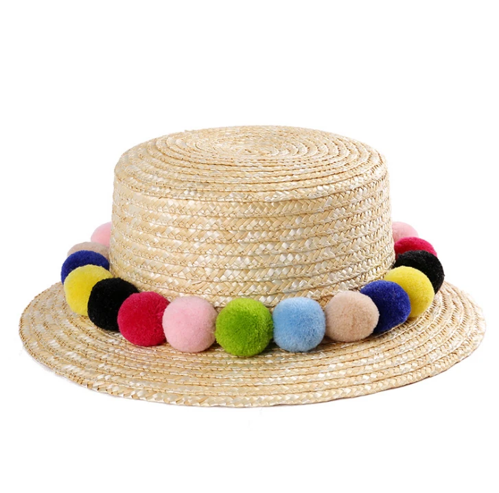 Natural grass kids hat ribbon boater flat brim top straw hats hat with ribbon