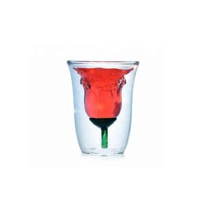New design style rose flower shaped double wall glass coffee mug wine cup