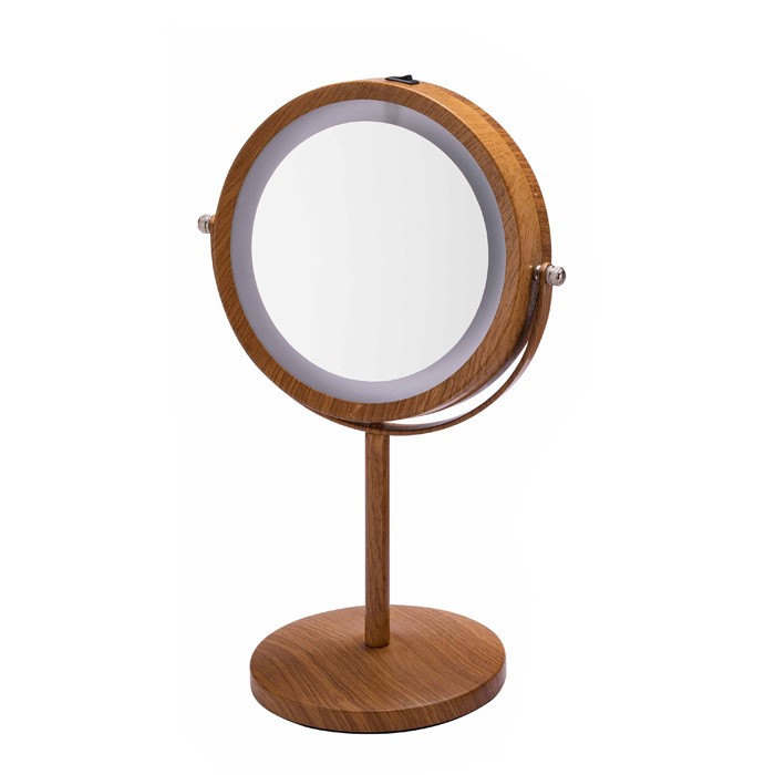 New design table top round shape wooden pattern led makeup mirror