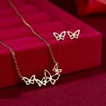 New Designer Fashion Simple Gold Plated Stainless Steel Set Butterfly Fish Bone Heart Hollow  Necklace Earring Set Jewelry Women