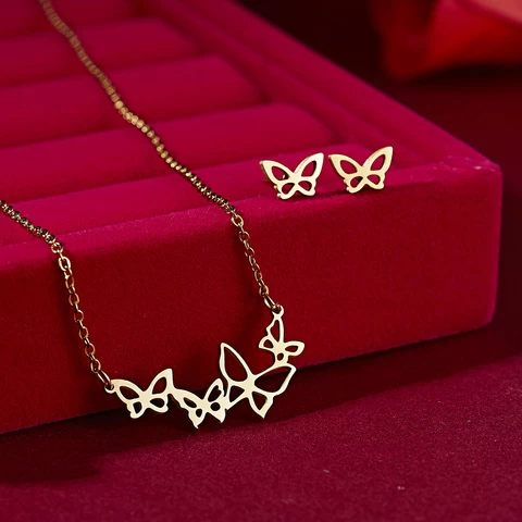 New Designer Fashion Simple Gold Plated Stainless Steel Set Butterfly Fish Bone Heart Hollow  Necklace Earring Set Jewelry Women
