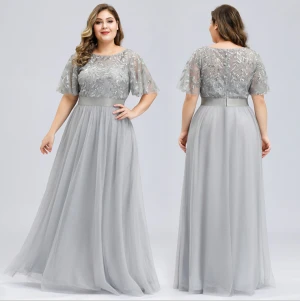 Plus Size Fat Ladies Elegant Solid Color Embroidery Lace Mesh dresses Short Sleeve Women Bridesmaid Formal Dress Evening Dress