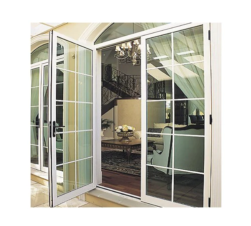 pvc double paned front entry swing casement doors with grill design