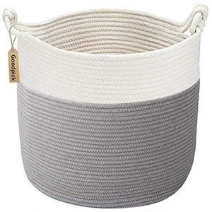 QJMAX White Grey Color Extra Large Woven Toy Storage Basket  Decorative Cotton Rope Basket For Towels And Book