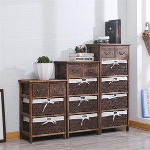Rustic Living Room Furniture Wood Storage Side Cabinet With Drawers and Rattan Basket