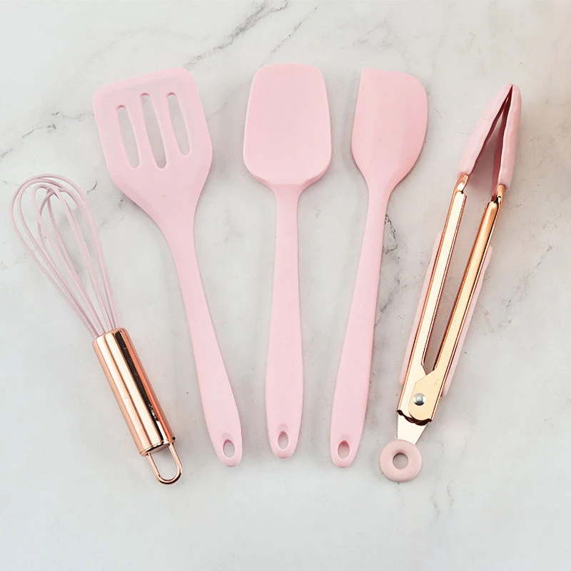 Silicone Cooking Utensils Kitchen Utensil Set Tools Turner Tongs Spatula Spoon Silicone Spatula Set With Rose Gold Handle