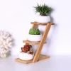 Small Succulent Plant Pot Set of 3 Ceramic Flower pot with Bamboo Tray Stand Drainage Modern Indoor Planter Cactus Container