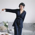 Smmoloa  Women  Pajamas Sleepwear Three-Piece Sets Cotton Lounge Wear Lace Robe+Cami Top+Pants Pajamas Sets