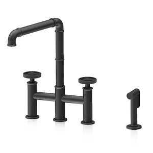 Solid Brass Different Black Dual Handle Bridge Kitchen Faucet With Side Pull Sprayer