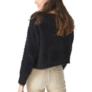 Solid Crop Mohair Long Sleeve Women Sweater