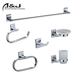 Square Design Zinc Alloy Material Chrome Finish Wall Mounted Brass Towel Bar Bathroom Set Bathroom Accessories