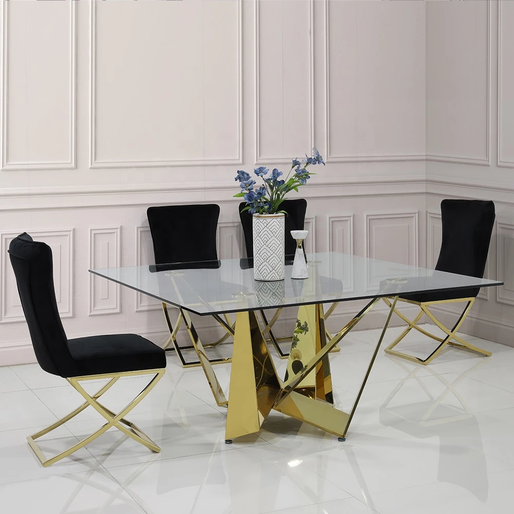 Square dinning tables with chairs modern metal leg trestle tempered glass top dining table sets